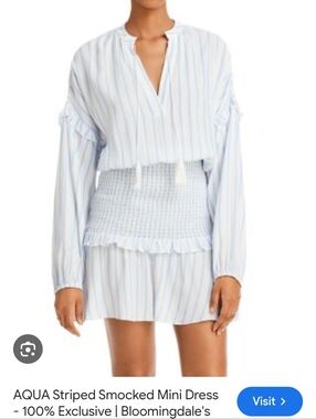 Aqua Light Blue & White Striped Tassel Tunic Dress
